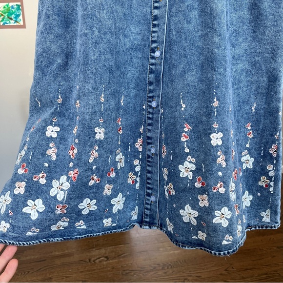 Denim Knee Length Dress Women Floral Short Sleeve Large Button Up Chambray - Picture 3 of 9